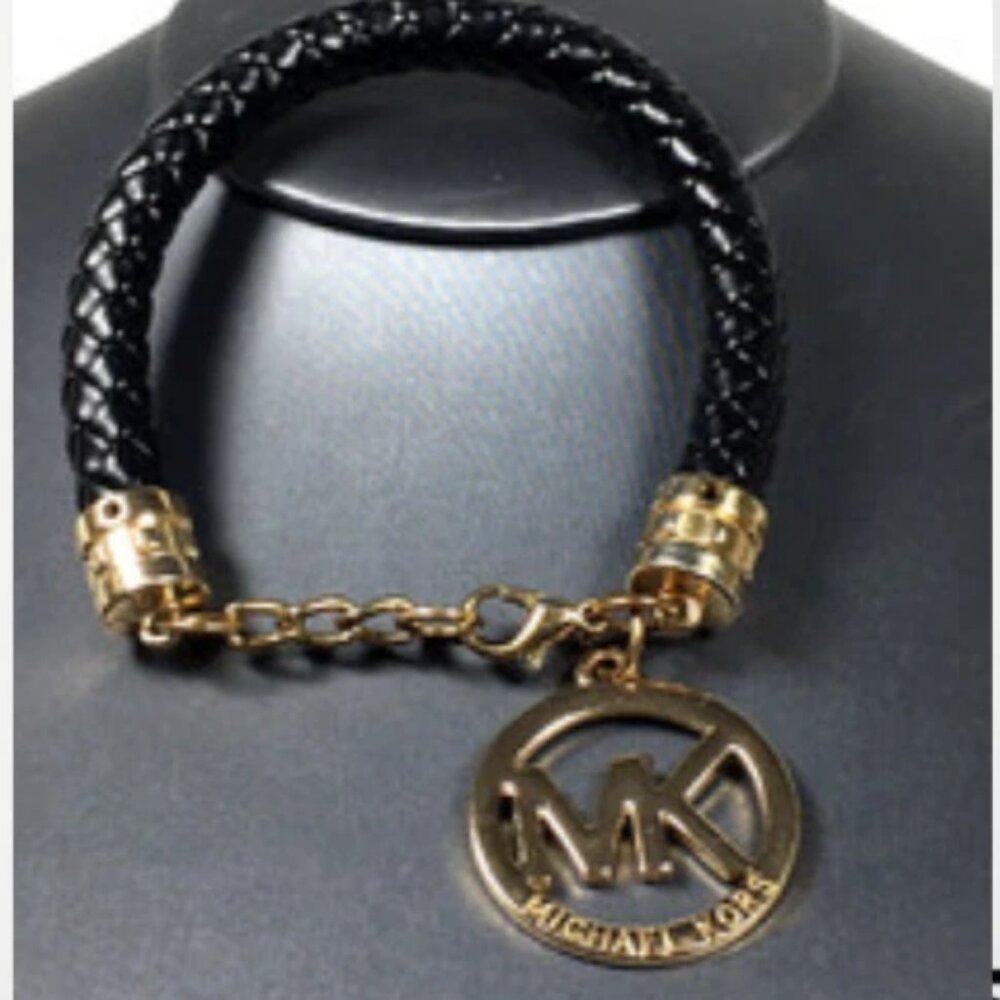 Michael Kors Black Braided Bracelet Metal Logo Signed Size: 8 inch